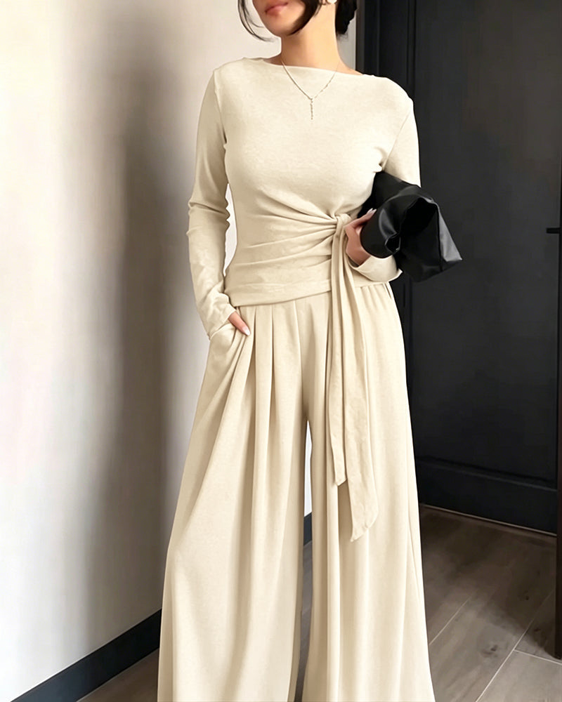 Knit Two-Piece with Tie-Waist Top and Wide-Leg Trousers