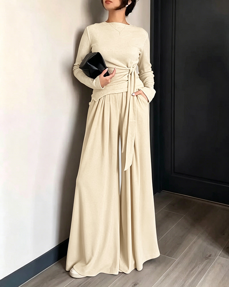 Knit Two-Piece with Tie-Waist Top and Wide-Leg Trousers