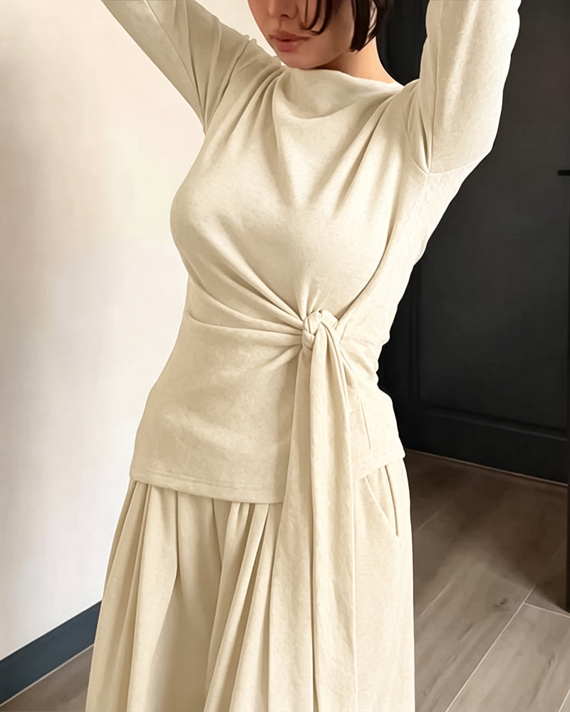 Knit Two-Piece with Tie-Waist Top and Wide-Leg Trousers