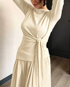 Knit Two-Piece with Tie-Waist Top and Wide-Leg Trousers