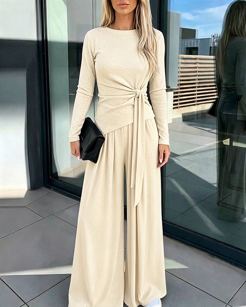 Knit Two-Piece with Tie-Waist Top and Wide-Leg Trousers