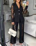 Lace-Panel Blazer and High-Waisted Trouser Suit Set - Black