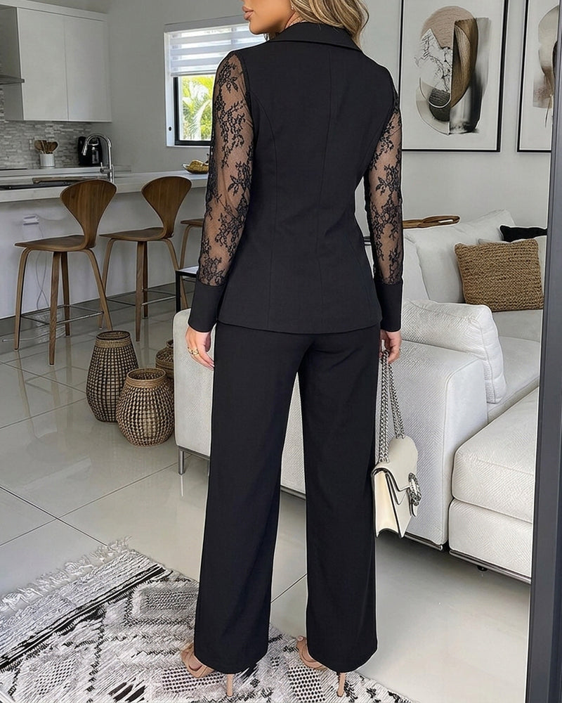 Lace-Panel Blazer and High-Waisted Trouser Suit Set - Black