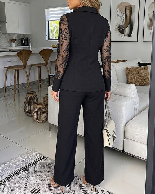Lace-Panel Blazer and High-Waisted Trouser Suit Set - Black