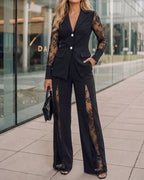 Lace-Panel Blazer and High-Waisted Trouser Suit Set - Black