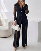 Lace-Panel Blazer and High-Waisted Trouser Suit Set - Black
