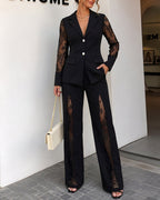Lace-Panel Blazer and High-Waisted Trouser Suit Set - Black