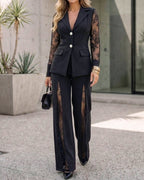 Lace-Panel Blazer and High-Waisted Trouser Suit Set - Black