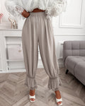 Lace-Panel Lantern Trousers with High Elastic Waist - Apricot