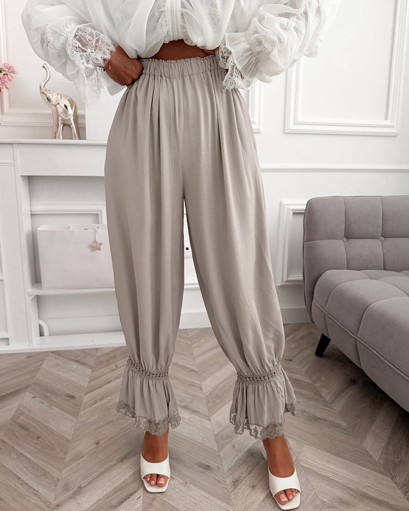 Lace-Panel Lantern Trousers with High Elastic Waist - Apricot