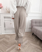 Lace-Panel Lantern Trousers with High Elastic Waist - Apricot