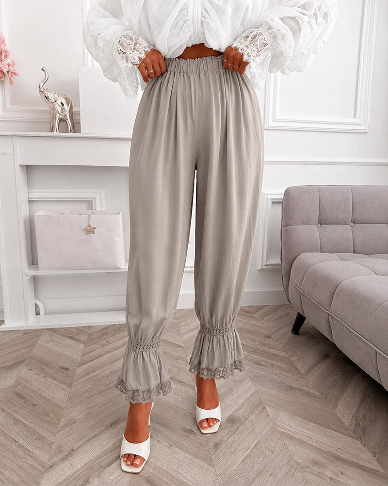 Lace-Panel Lantern Trousers with High Elastic Waist - Apricot