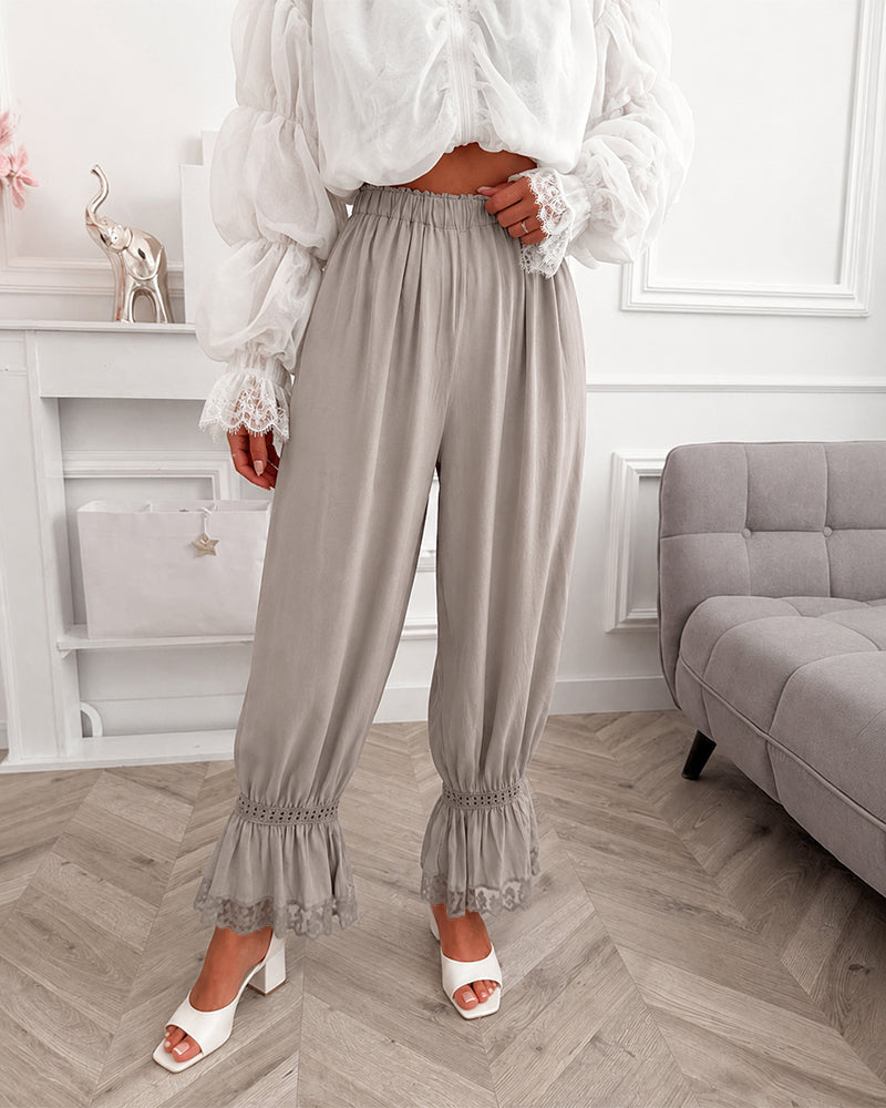 Lace-Panel Lantern Trousers with High Elastic Waist - Apricot
