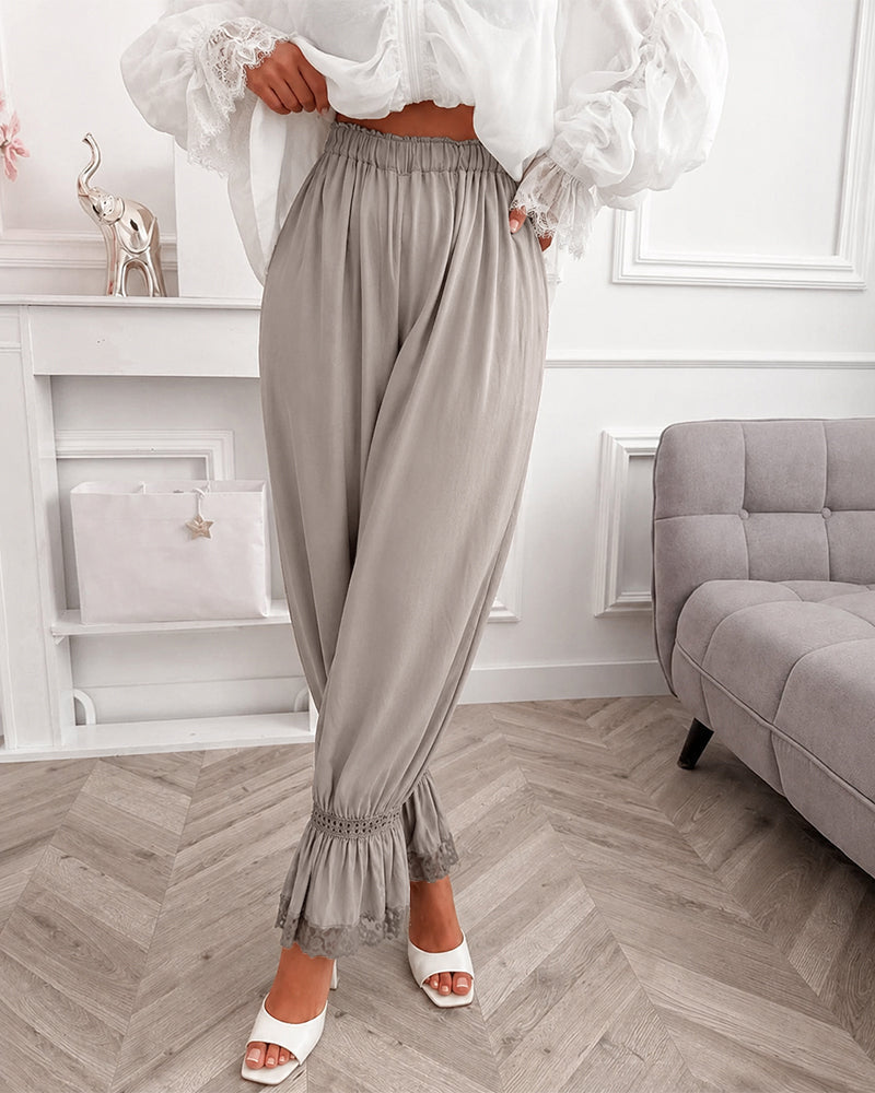 Lace-Panel Lantern Trousers with High Elastic Waist - Apricot