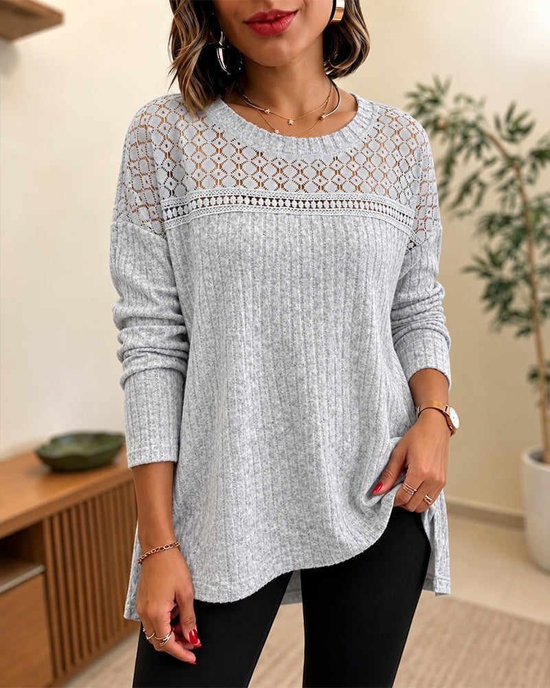 Lace-Panel Rib-Knit Pullover with Side Slit in Gray - Gray