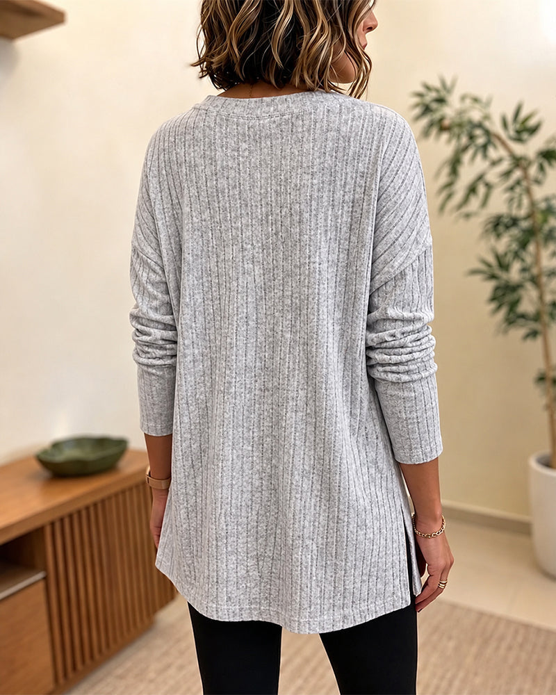 Lace-Panel Rib-Knit Pullover with Side Slit in Gray - Gray