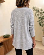 Lace-Panel Rib-Knit Pullover with Side Slit in Gray - Gray