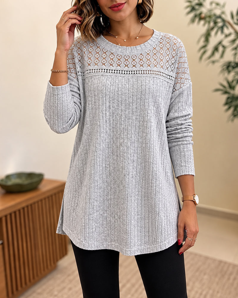 Lace-Panel Rib-Knit Pullover with Side Slit in Gray - Gray
