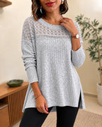 Lace-Panel Rib-Knit Pullover with Side Slit in Gray - Gray