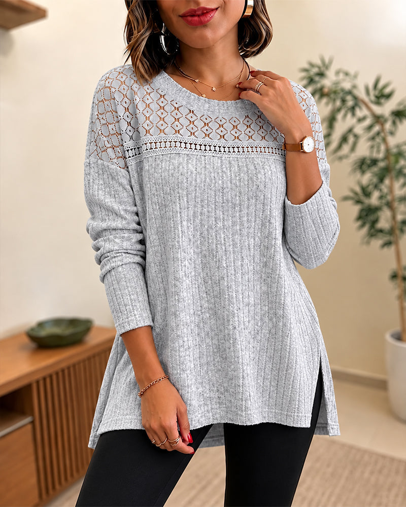 Lace-Panel Rib-Knit Pullover with Side Slit in Gray - Gray