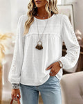 Lace-Spliced Chiffon Blouse with Lantern Sleeves - White