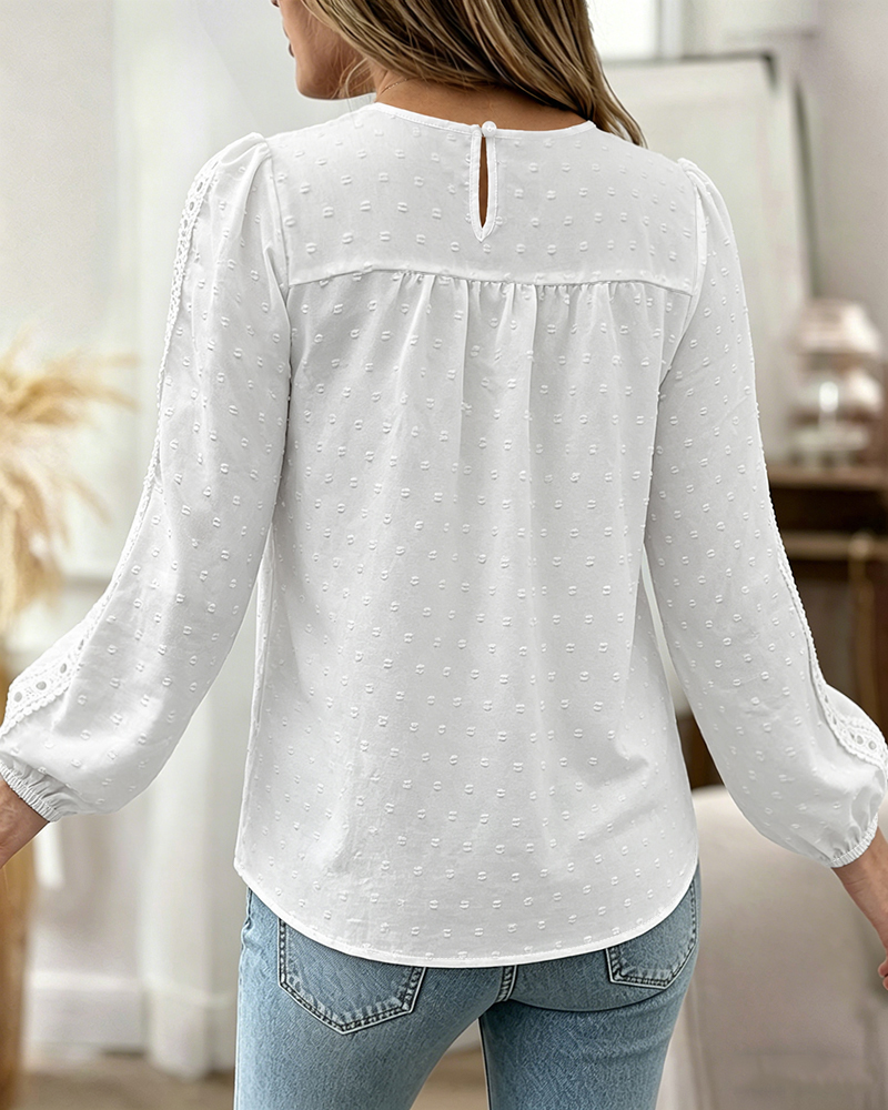 Lace-Spliced Chiffon Blouse with Lantern Sleeves - White