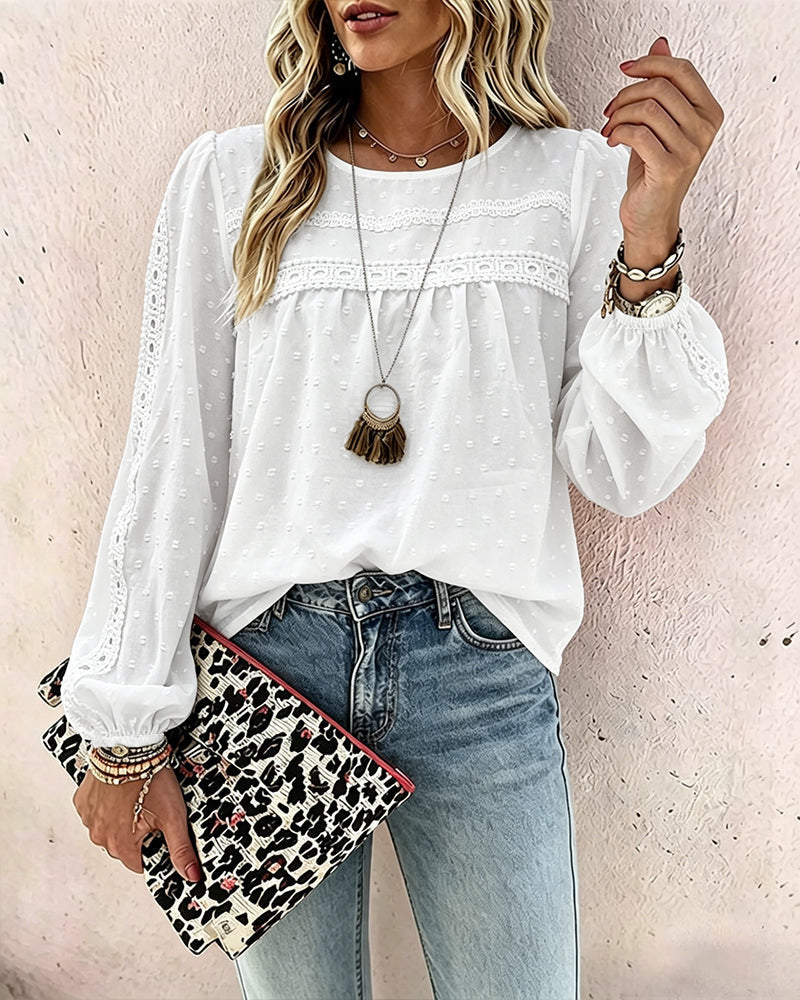 Lace-Spliced Chiffon Blouse with Lantern Sleeves - White