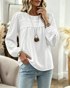 Lace-Spliced Chiffon Blouse with Lantern Sleeves - White