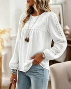 Lace-Spliced Chiffon Blouse with Lantern Sleeves - White