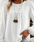 Lace-Spliced Chiffon Blouse with Lantern Sleeves - White