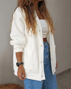 Loose Knit Cardigan with Snap Buttons and Pockets - Beige