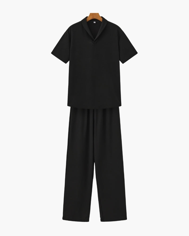 Men's Camp Collar Polo and Wide Trousers Matching Set - Black