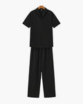 Men's Camp Collar Polo and Wide Trousers Matching Set - Black