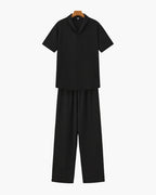 Men's Camp Collar Polo and Wide Trousers Matching Set - Black