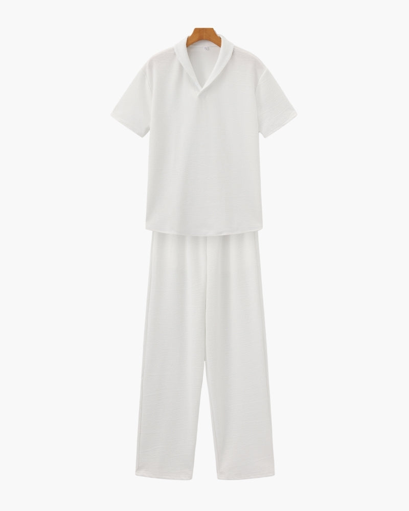 Men's Camp Collar Polo and Wide Trousers Matching Set - White