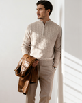 Men's Cashmere Half-Zip Sweater with Dense Knit - Beige
