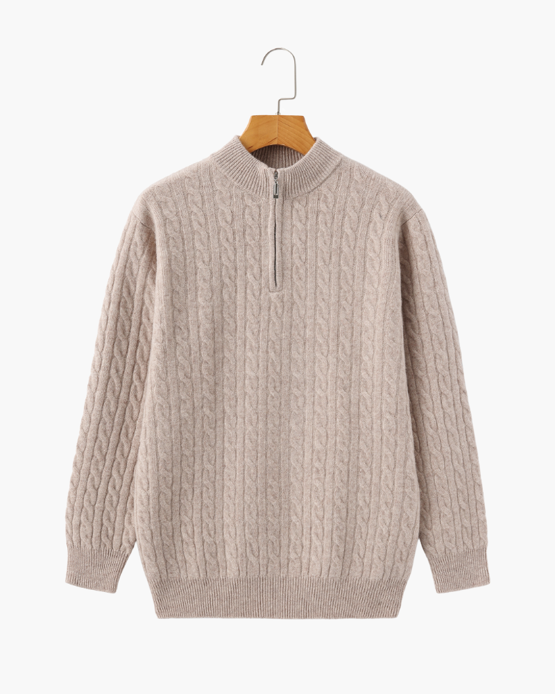 Men's Cashmere Half-Zip Sweater with Dense Knit - Beige