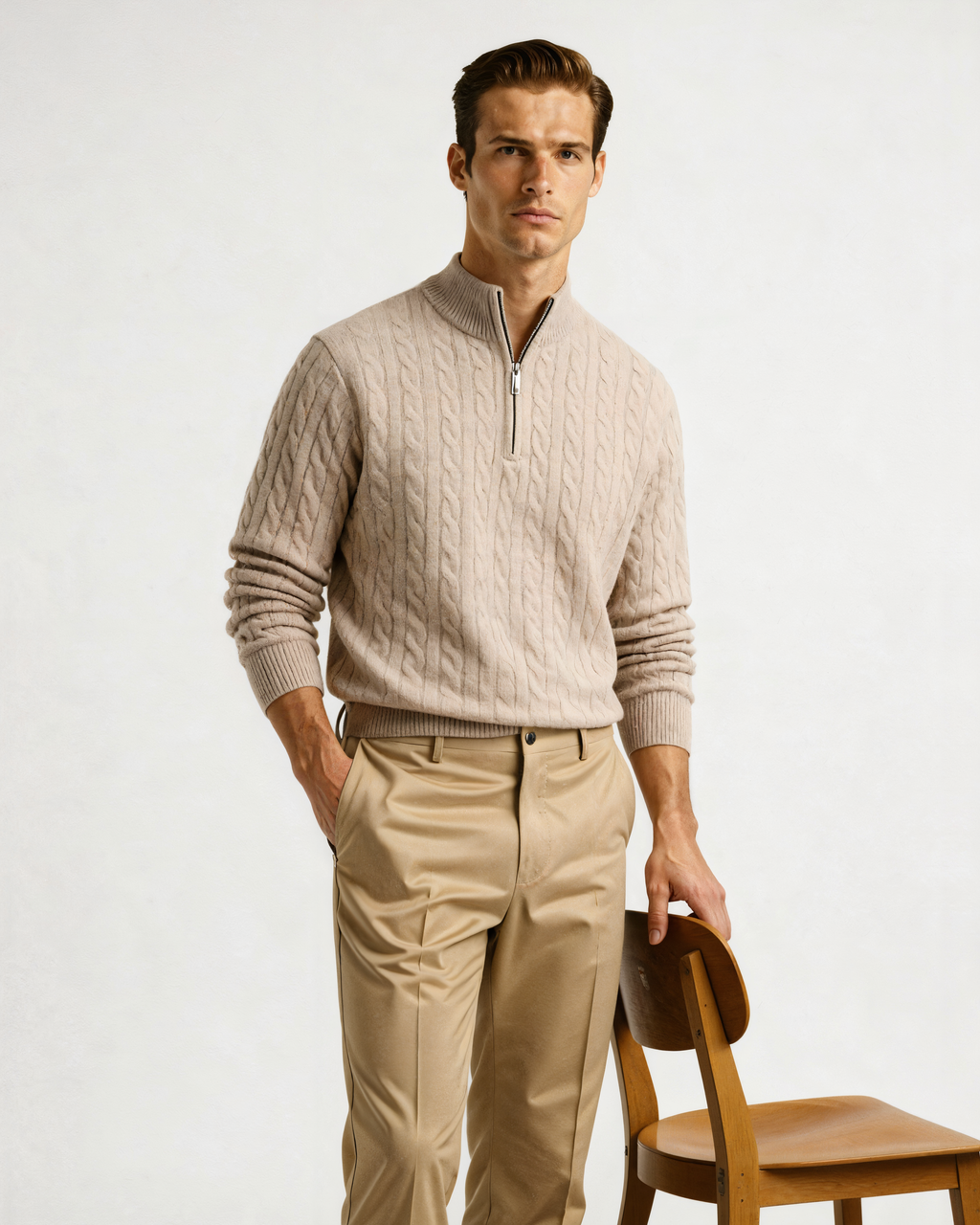 Men's Cashmere Half-Zip Sweater with Dense Knit - Beige