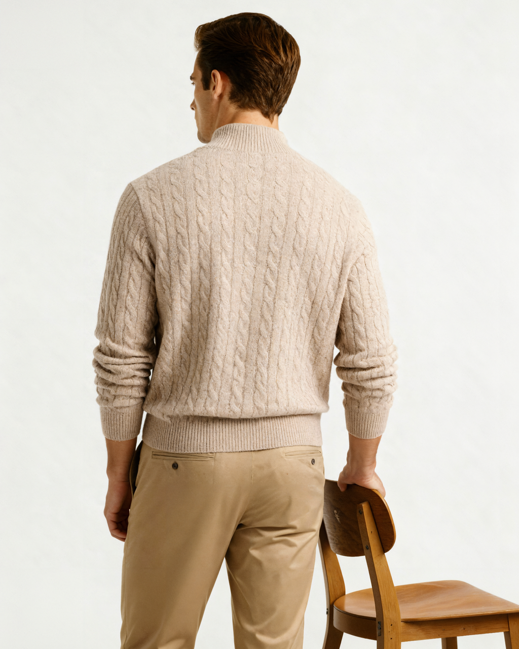 Men's Cashmere Half-Zip Sweater with Dense Knit - Beige