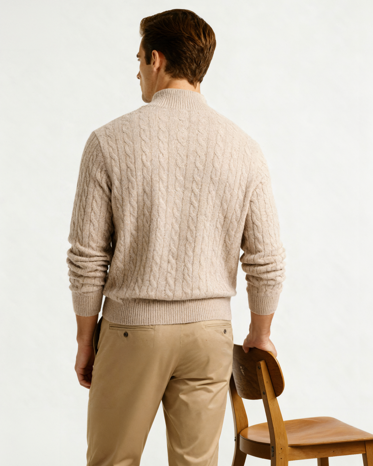 Men's Cashmere Half-Zip Sweater with Dense Knit - Beige
