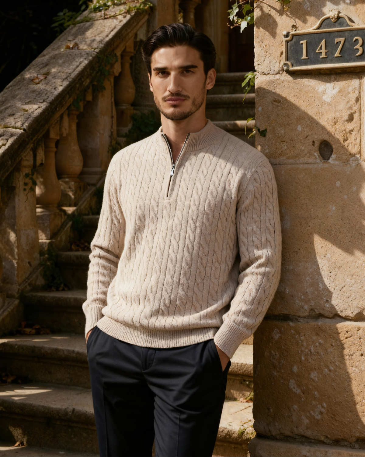 Men's Cashmere Half-Zip Sweater with Dense Knit - Beige