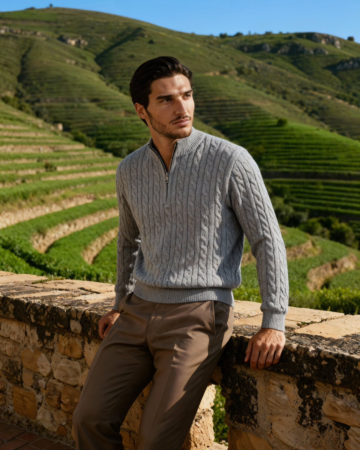 Men's Cashmere Half-Zip Sweater with Dense Knit - Gray