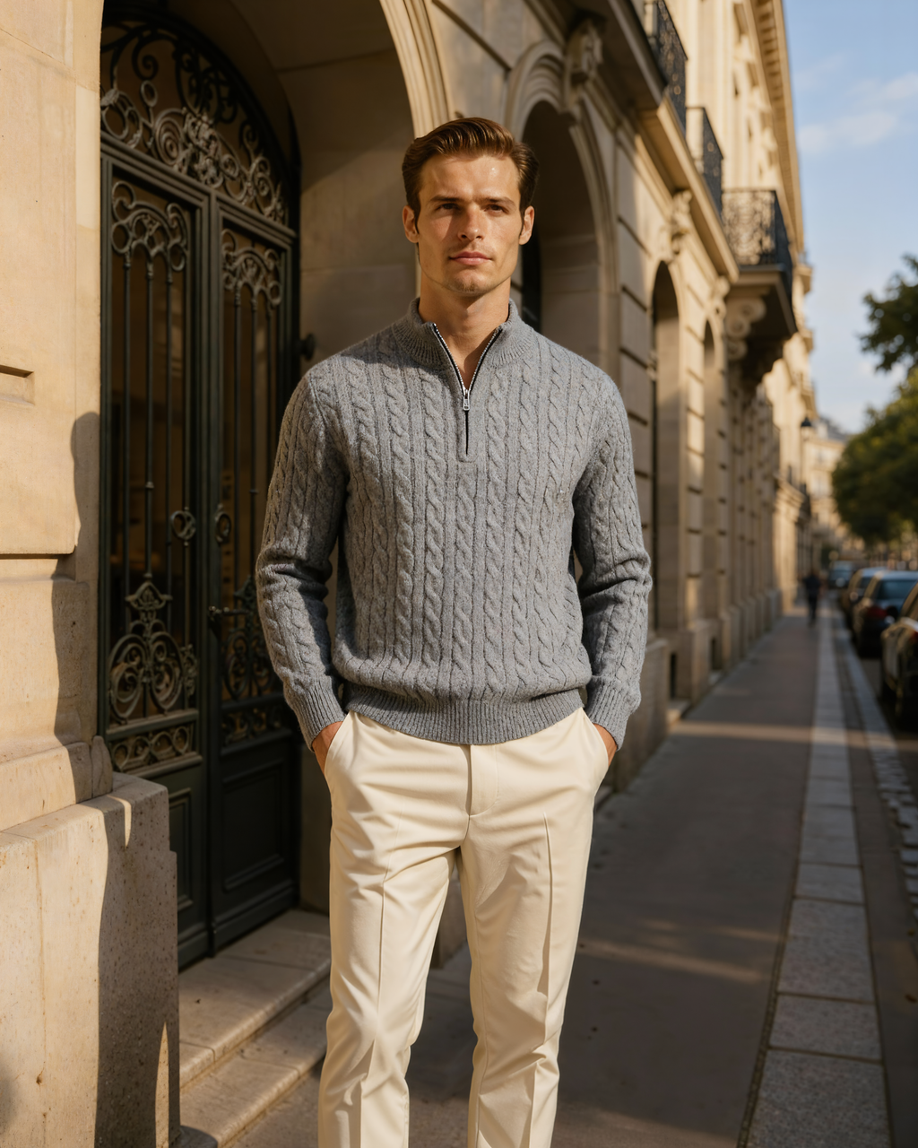 Men's Cashmere Half-Zip Sweater with Dense Knit - Gray