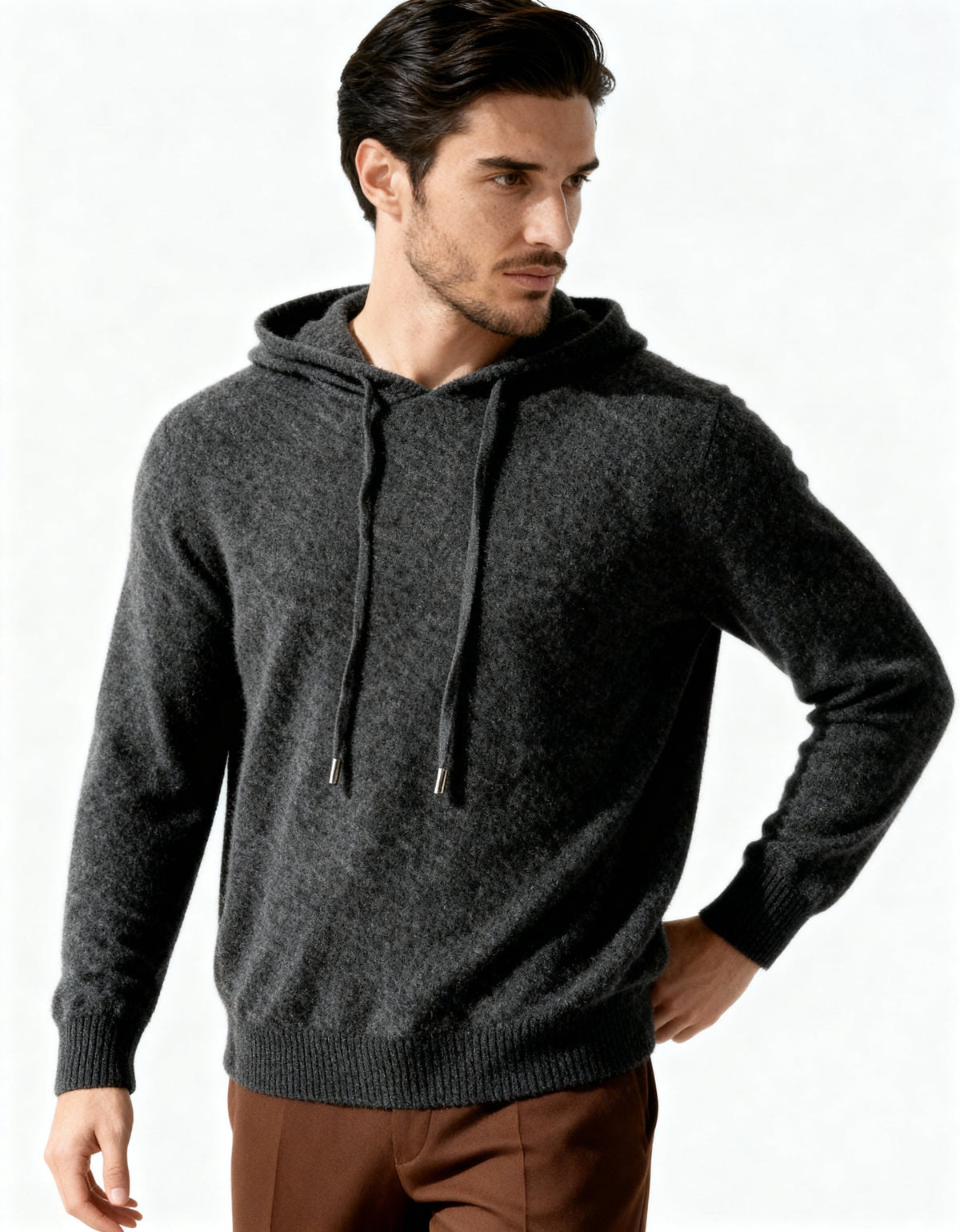 Men's Cashmere Hoodie with Kangaroo Pocket and Ribbed Trims - Dark Gray