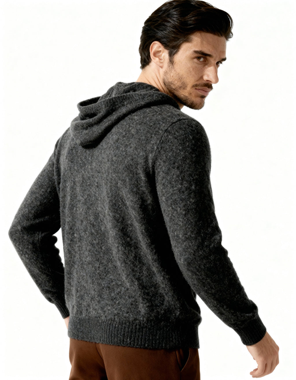 Men's Cashmere Hoodie with Kangaroo Pocket and Ribbed Trims