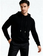 Men's Cashmere Hoodie with Kangaroo Pocket and Ribbed Trims - Black