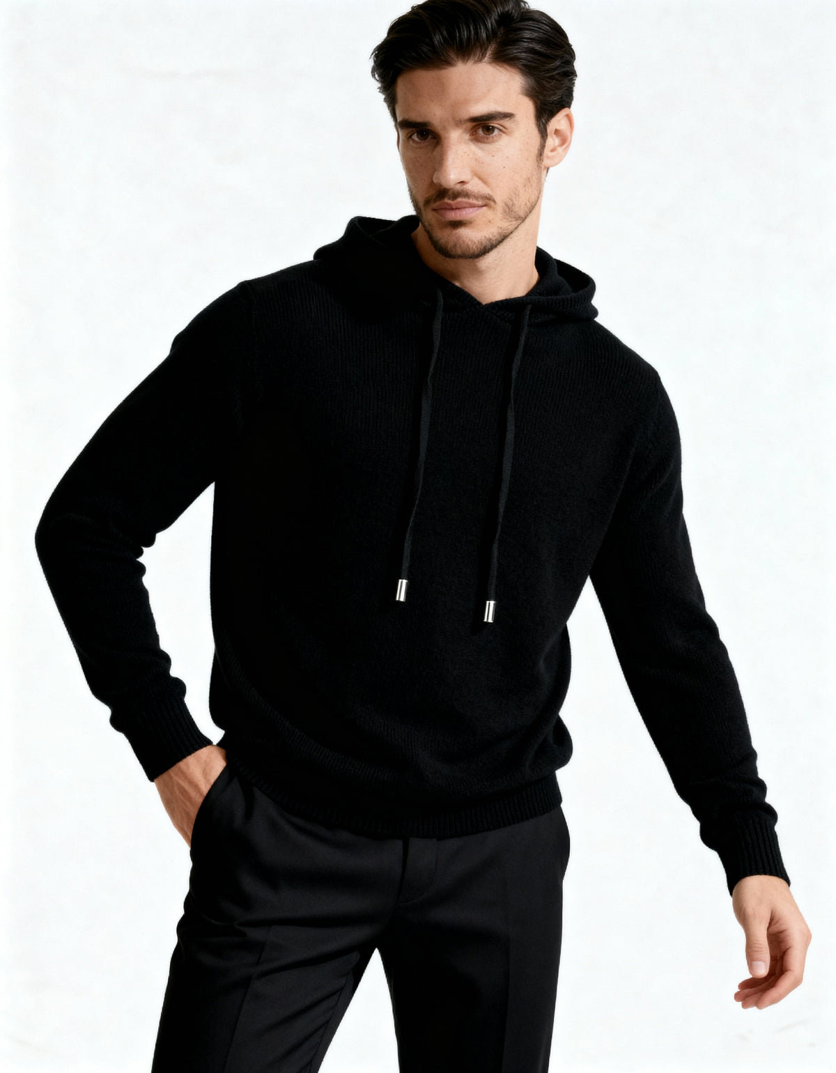 Men's Cashmere Hoodie with Kangaroo Pocket and Ribbed Trims - Black
