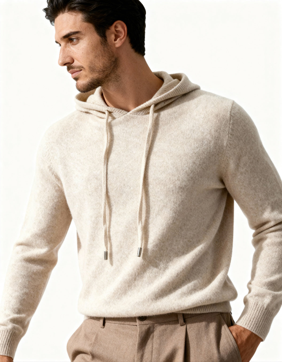 Men's Cashmere Hoodie with Kangaroo Pocket and Ribbed Trims - Beige