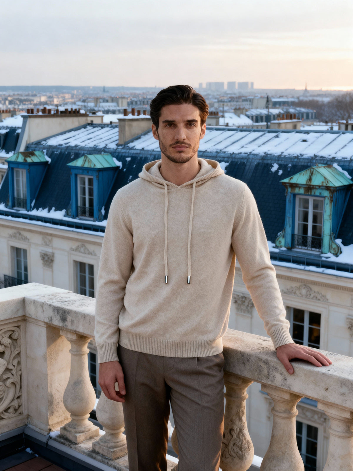 Men's Cashmere Hoodie with Kangaroo Pocket and Ribbed Trims