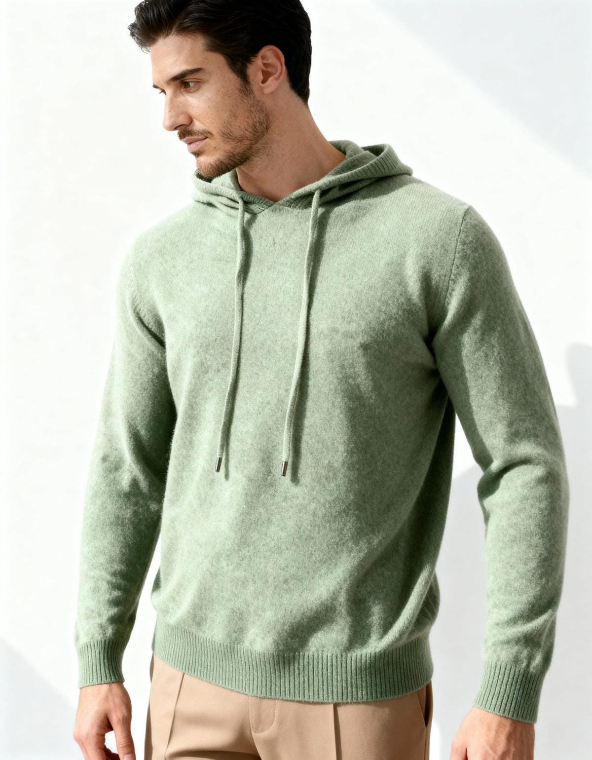 Men's Cashmere Hoodie with Kangaroo Pocket and Ribbed Trims - Green